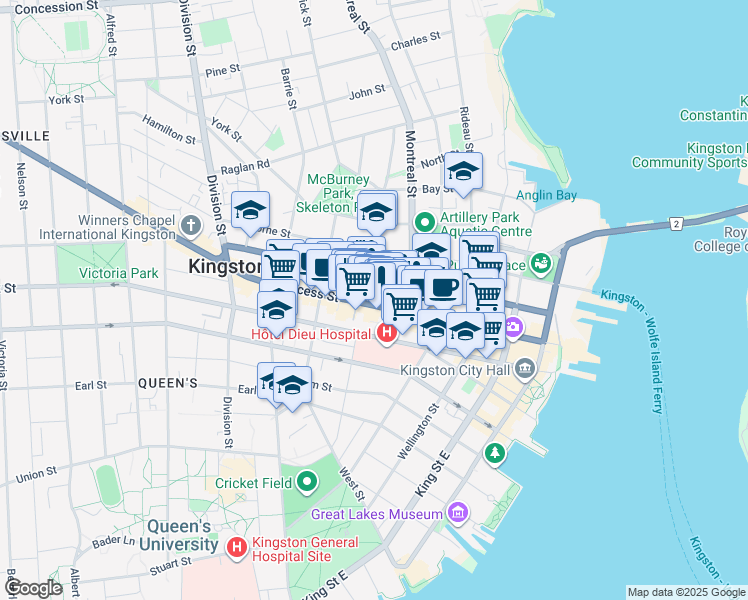 map of restaurants, bars, coffee shops, grocery stores, and more near in Kingston