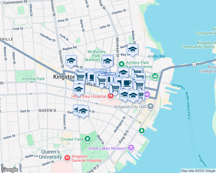 map of restaurants, bars, coffee shops, grocery stores, and more near 227 Princess Street in Kingston