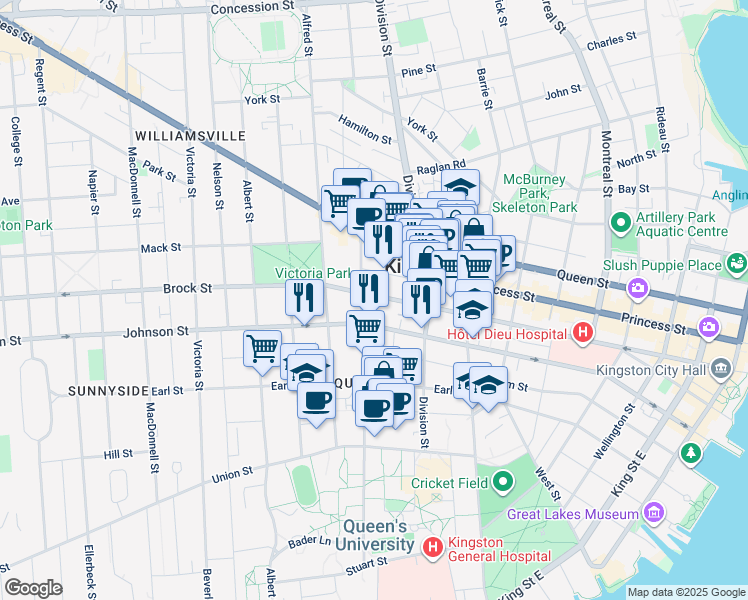 map of restaurants, bars, coffee shops, grocery stores, and more near 267 University Avenue in Kingston