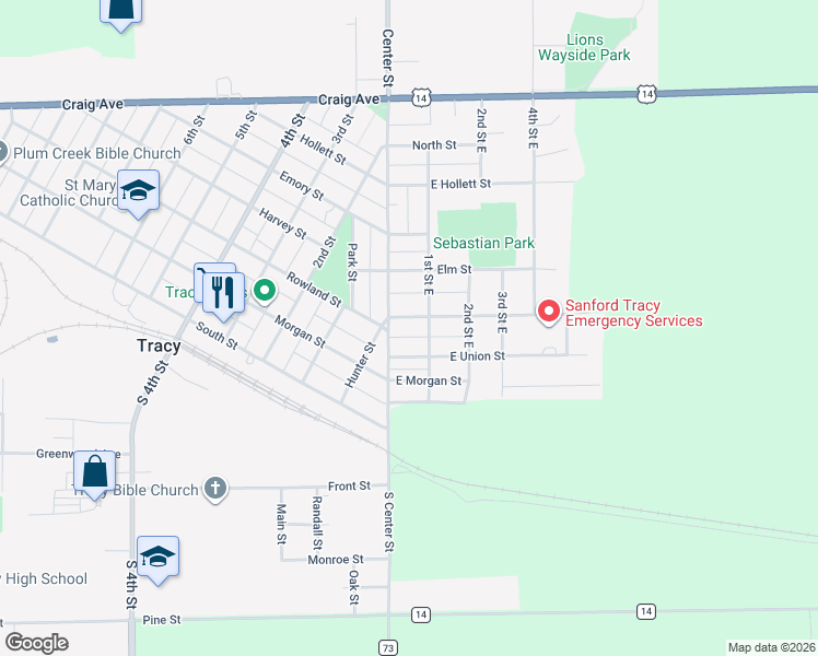 map of restaurants, bars, coffee shops, grocery stores, and more near 125 East Union Street in Tracy