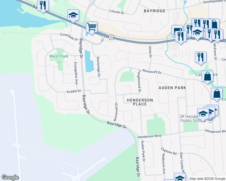 map of restaurants, bars, coffee shops, grocery stores, and more near 660 Roosevelt Drive in Kingston