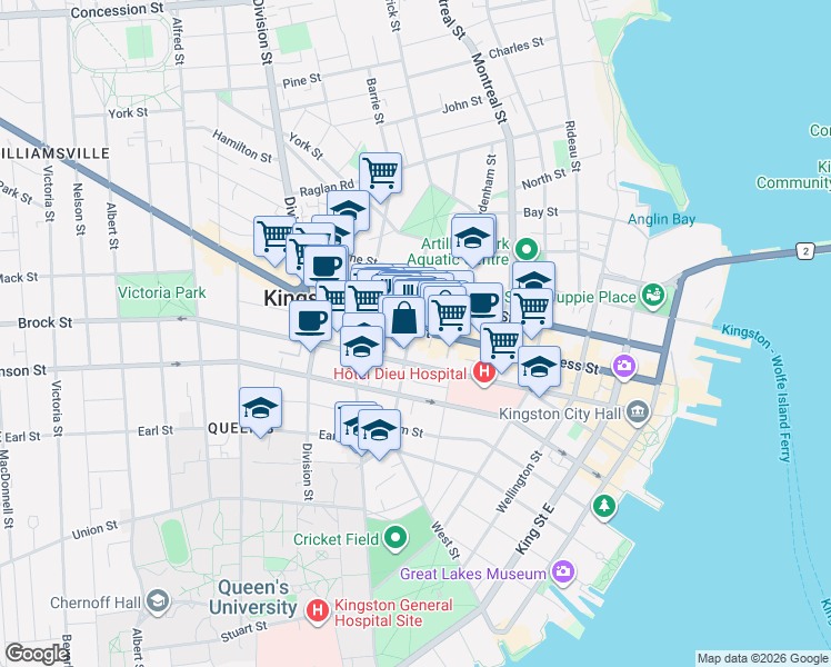 map of restaurants, bars, coffee shops, grocery stores, and more near 298 Princess Street in Kingston
