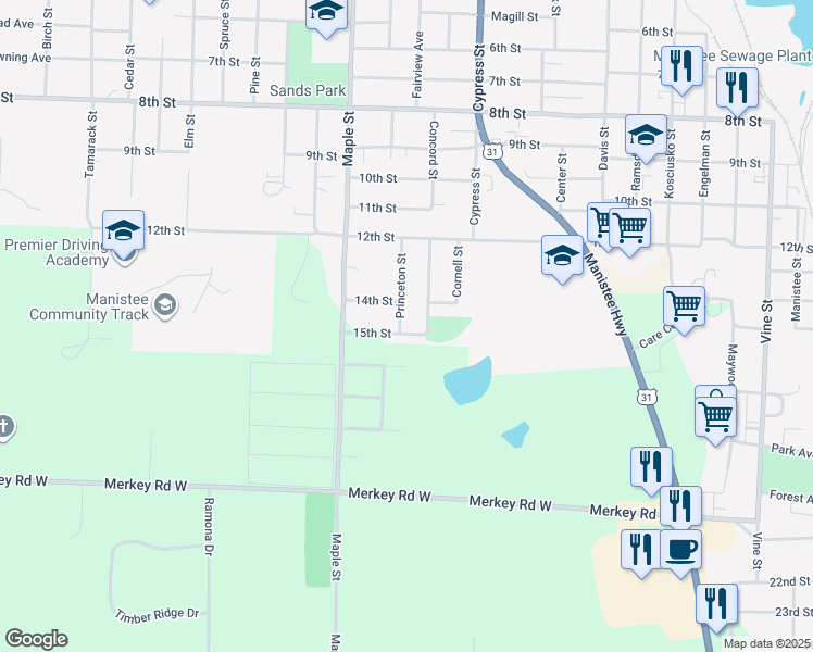 map of restaurants, bars, coffee shops, grocery stores, and more near 1495 Princeton Street in Manistee