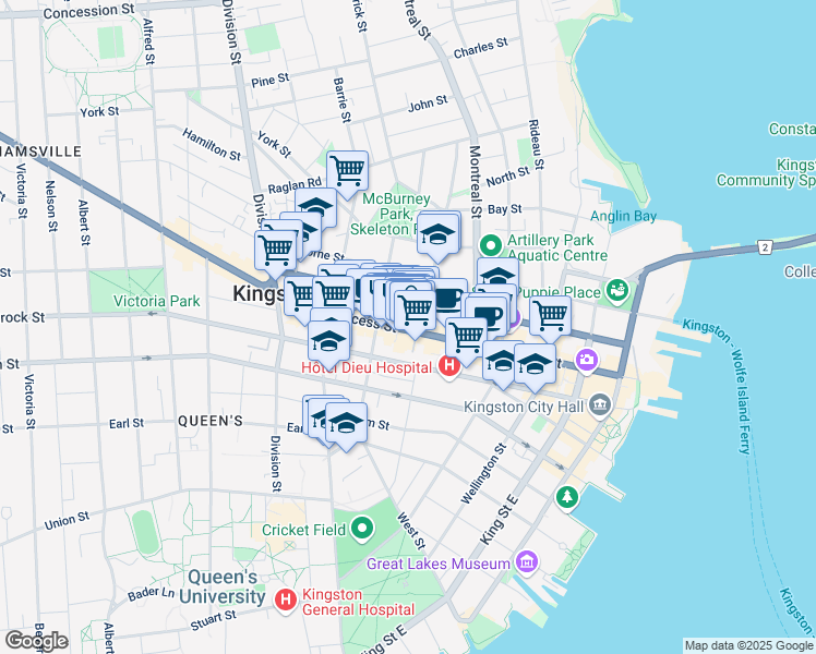 map of restaurants, bars, coffee shops, grocery stores, and more near 265 Princess Street in Kingston