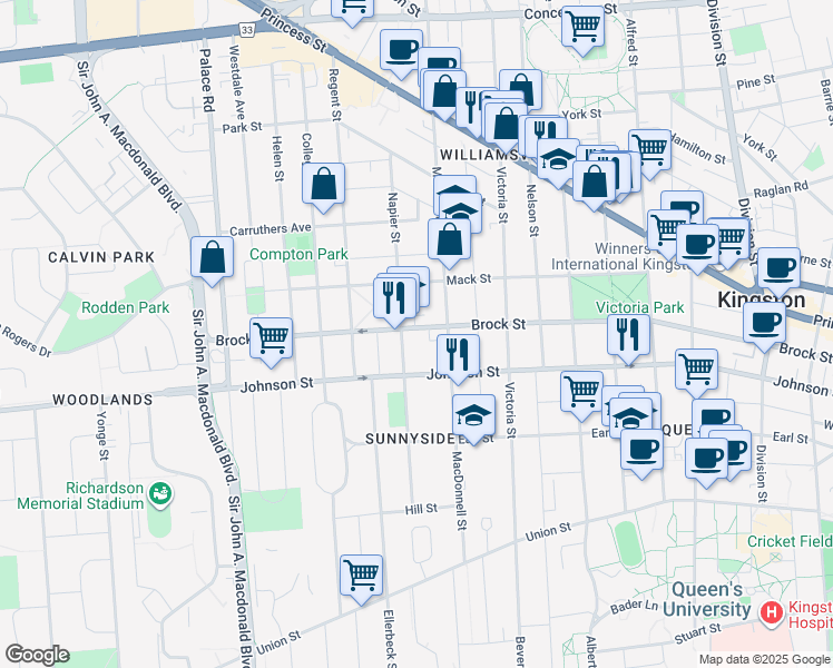 map of restaurants, bars, coffee shops, grocery stores, and more near 648 Brock Street in Kingston