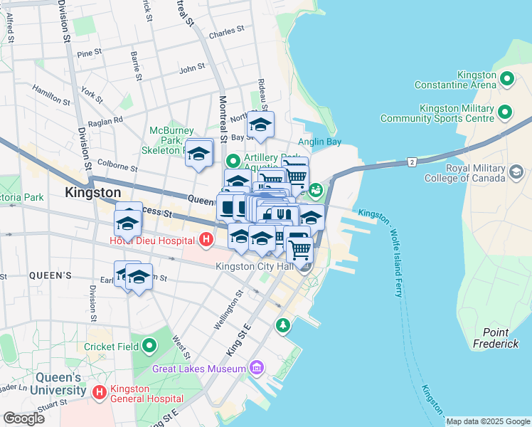 map of restaurants, bars, coffee shops, grocery stores, and more near Queen Street in Kingston