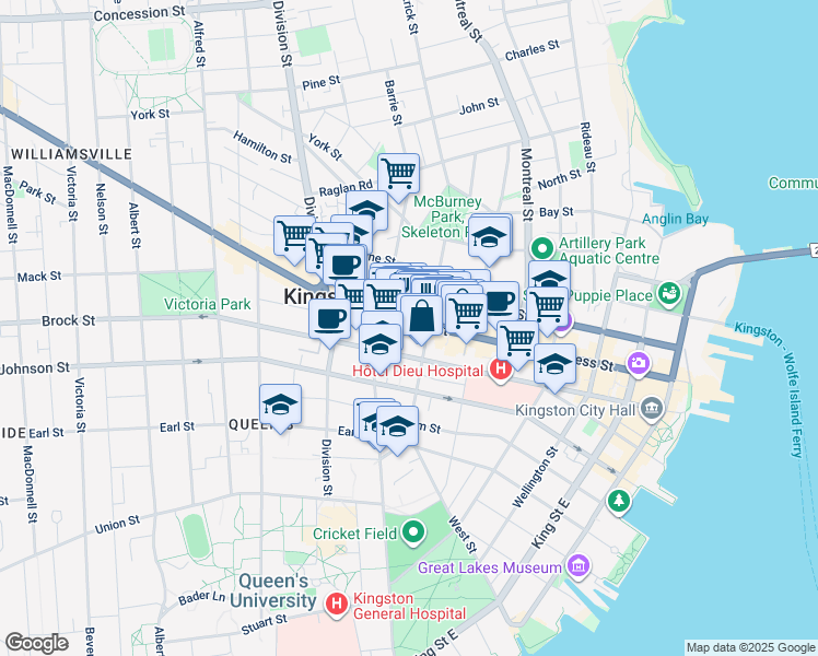 map of restaurants, bars, coffee shops, grocery stores, and more near 334 Princess Street in Kingston
