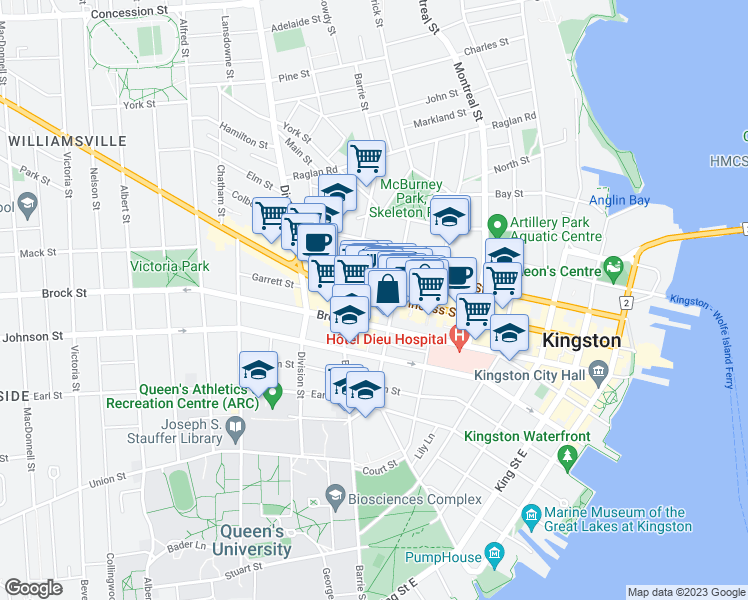 map of restaurants, bars, coffee shops, grocery stores, and more near 336 Princess Street in Kingston