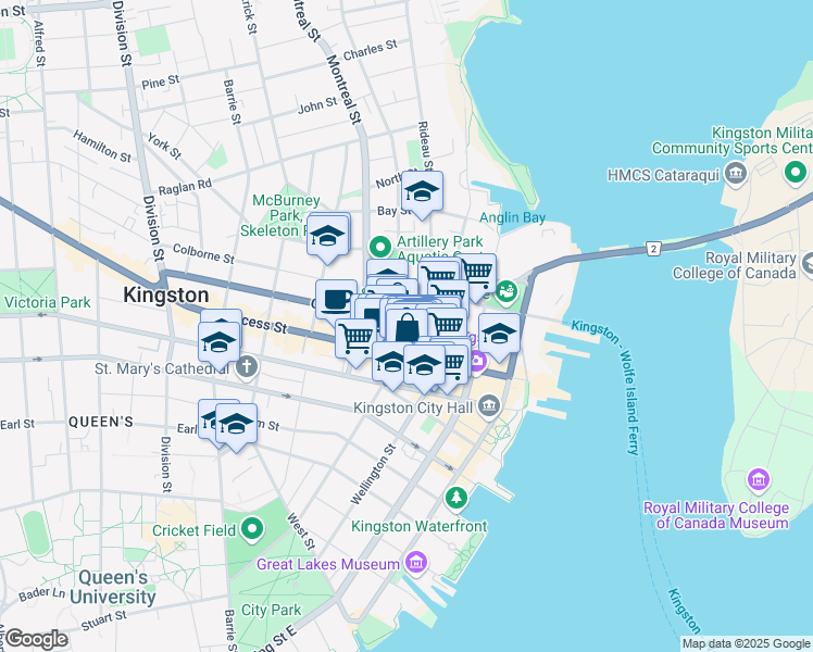 map of restaurants, bars, coffee shops, grocery stores, and more near 108 Queen Street in Kingston