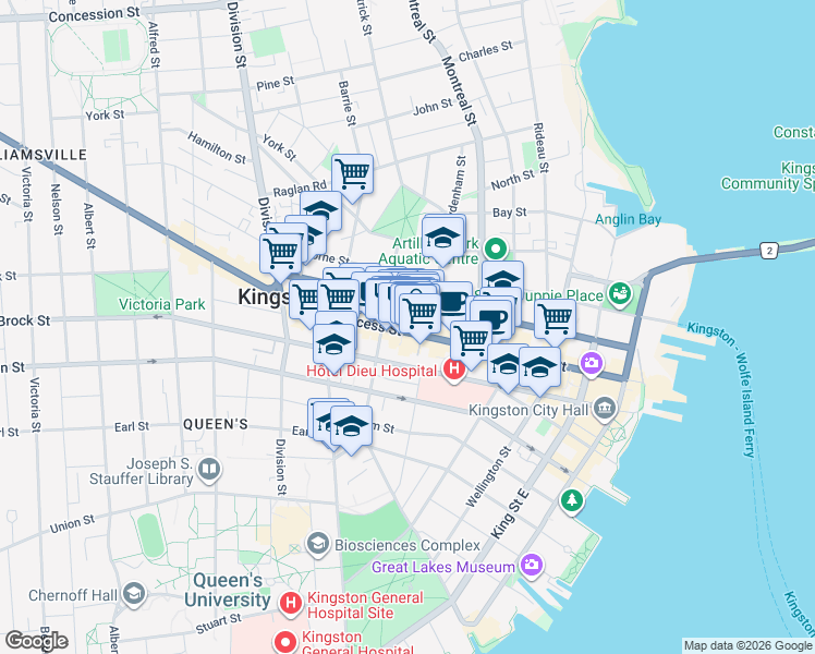 map of restaurants, bars, coffee shops, grocery stores, and more near 269 Princess Street in Kingston