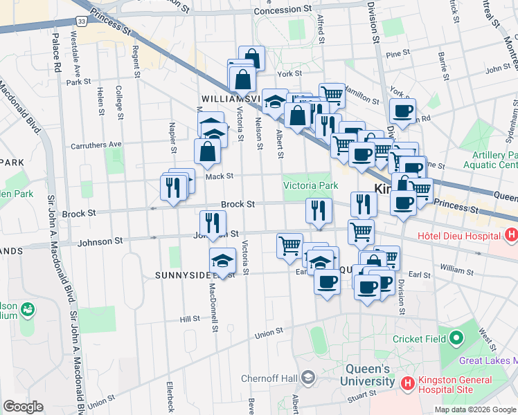 map of restaurants, bars, coffee shops, grocery stores, and more near 550 Brock Street in Kingston