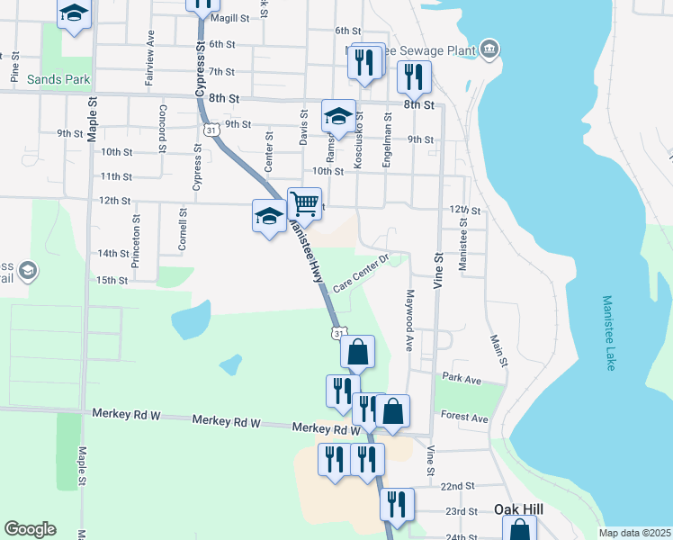 map of restaurants, bars, coffee shops, grocery stores, and more near 316 Care Center Drive in Manistee
