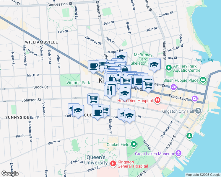 map of restaurants, bars, coffee shops, grocery stores, and more near 331 Brock Street in Kingston