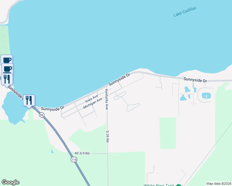 map of restaurants, bars, coffee shops, grocery stores, and more near Greenview Circle in Cadillac