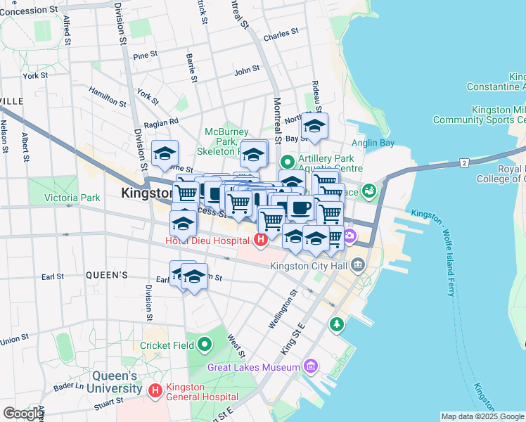 map of restaurants, bars, coffee shops, grocery stores, and more near 170 Queen Street in Kingston
