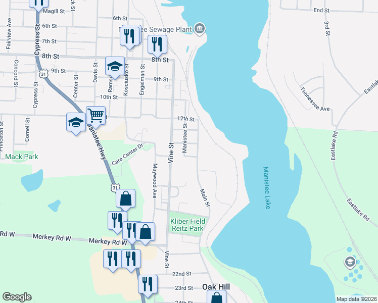 map of restaurants, bars, coffee shops, grocery stores, and more near 1506 Main Street in Manistee