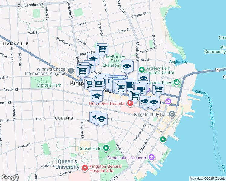 map of restaurants, bars, coffee shops, grocery stores, and more near 289 Princess Street in Kingston