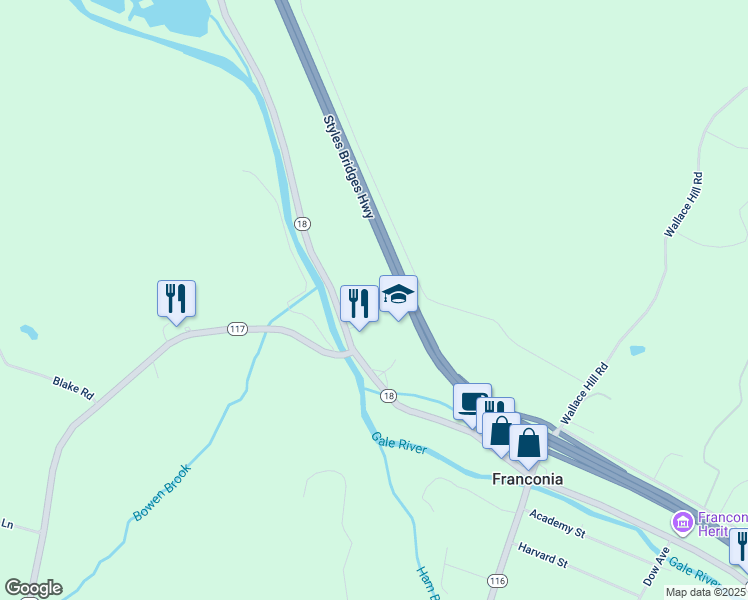 map of restaurants, bars, coffee shops, grocery stores, and more near 93 Main Street in Franconia