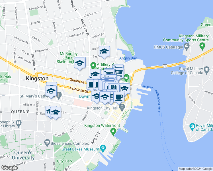 map of restaurants, bars, coffee shops, grocery stores, and more near 105 Kingston 2 in Kingston