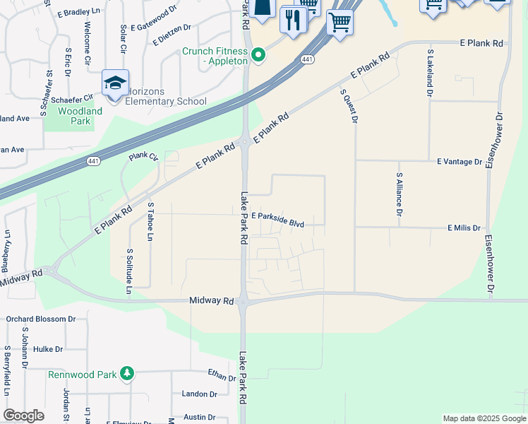 map of restaurants, bars, coffee shops, grocery stores, and more near 3312 South Mallard Drive in Appleton
