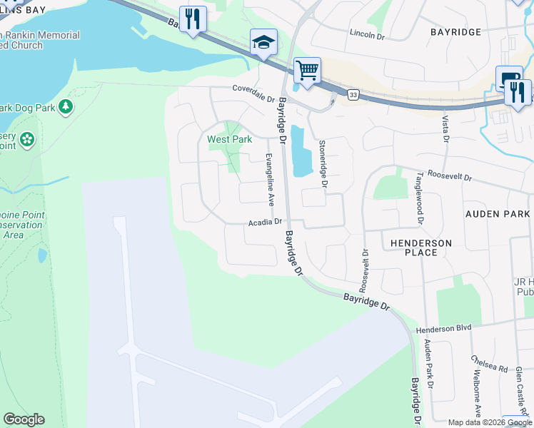 map of restaurants, bars, coffee shops, grocery stores, and more near 477 Evangeline Avenue in Kingston