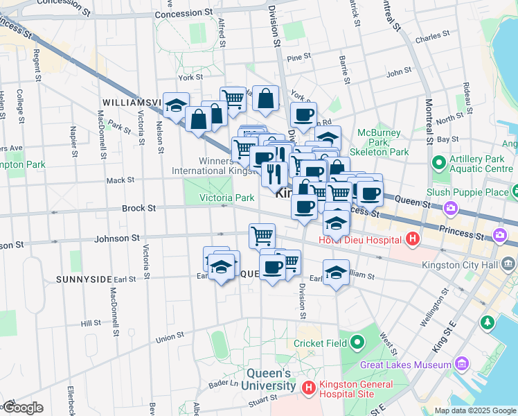 map of restaurants, bars, coffee shops, grocery stores, and more near 295 University Avenue in Kingston