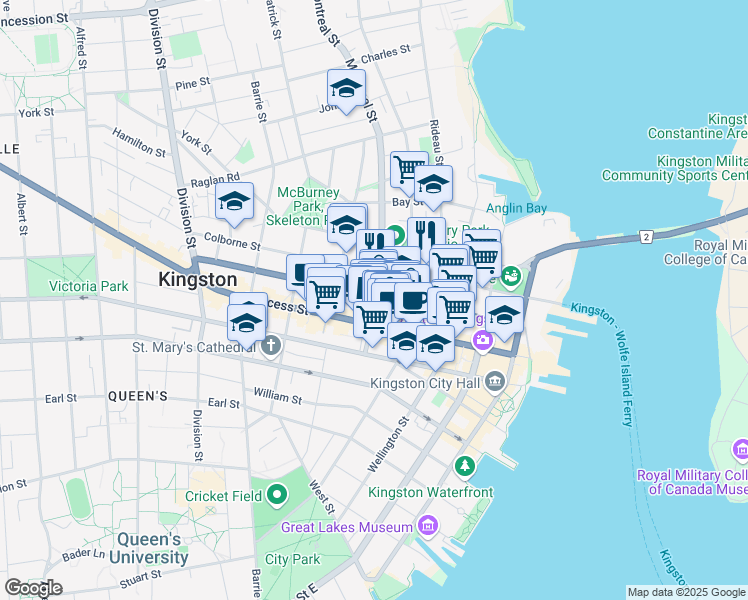 map of restaurants, bars, coffee shops, grocery stores, and more near 137 Queen Street in Kingston