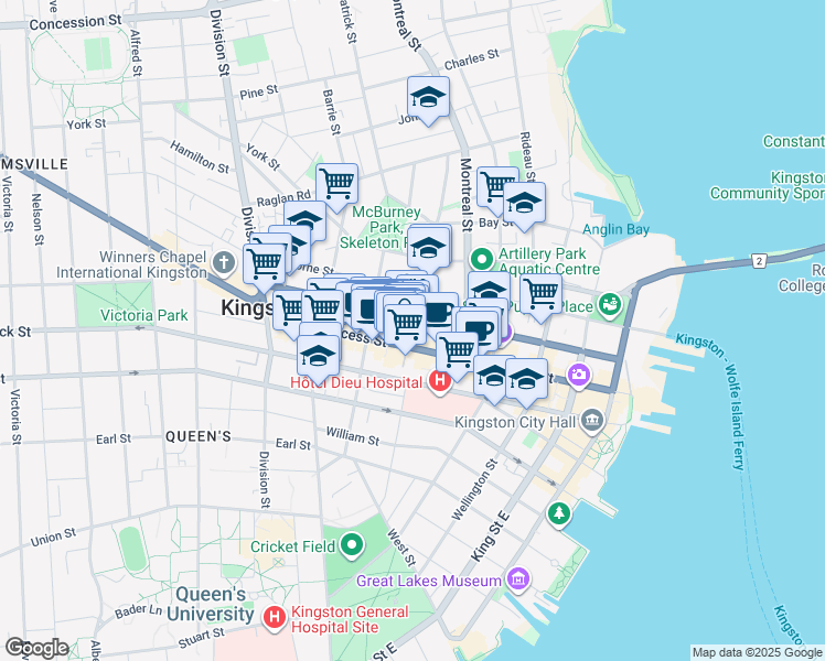 map of restaurants, bars, coffee shops, grocery stores, and more near 269 Princess Street in Kingston