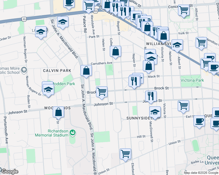 map of restaurants, bars, coffee shops, grocery stores, and more near 57 Helen Street in Kingston