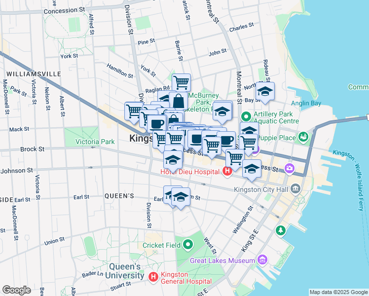 map of restaurants, bars, coffee shops, grocery stores, and more near 337 Princess Street in Kingston