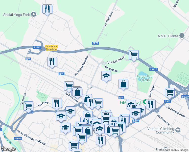 map of restaurants, bars, coffee shops, grocery stores, and more near 34 Via Monte San Michele in Forlì