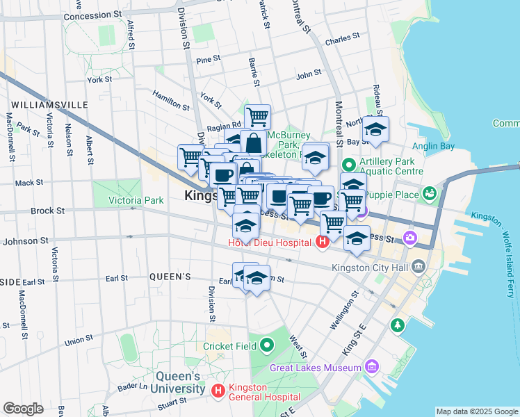 map of restaurants, bars, coffee shops, grocery stores, and more near 337 Princess Street in Kingston