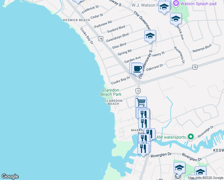 map of restaurants, bars, coffee shops, grocery stores, and more near 212 Ways Bay Drive in Georgina