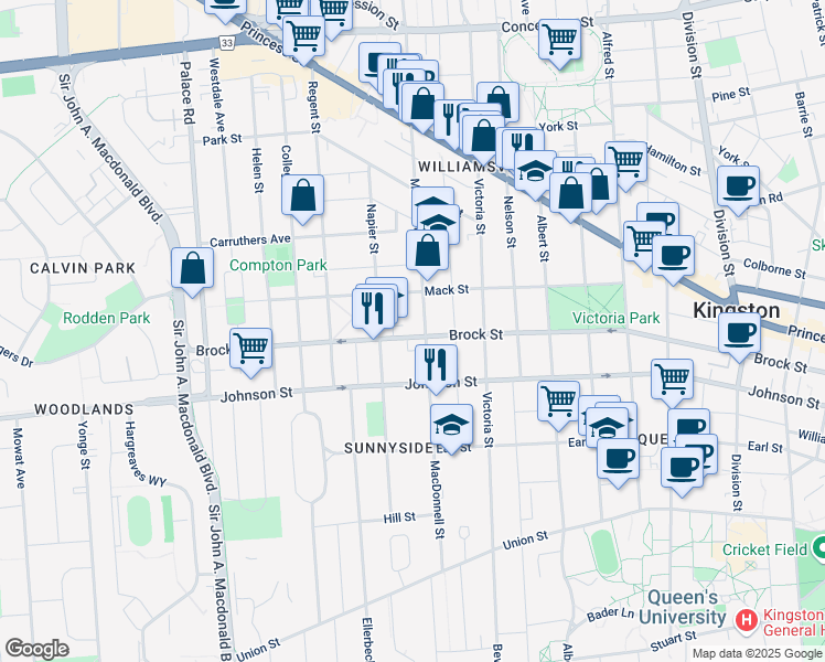 map of restaurants, bars, coffee shops, grocery stores, and more near 619 Brock Street in Kingston