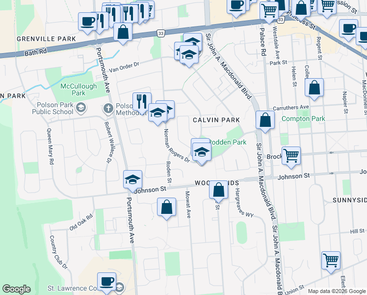map of restaurants, bars, coffee shops, grocery stores, and more near 14 Herchmer Crescent in Kingston