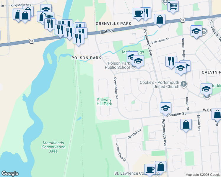 map of restaurants, bars, coffee shops, grocery stores, and more near 78 Fairway Hill Crescent in Kingston