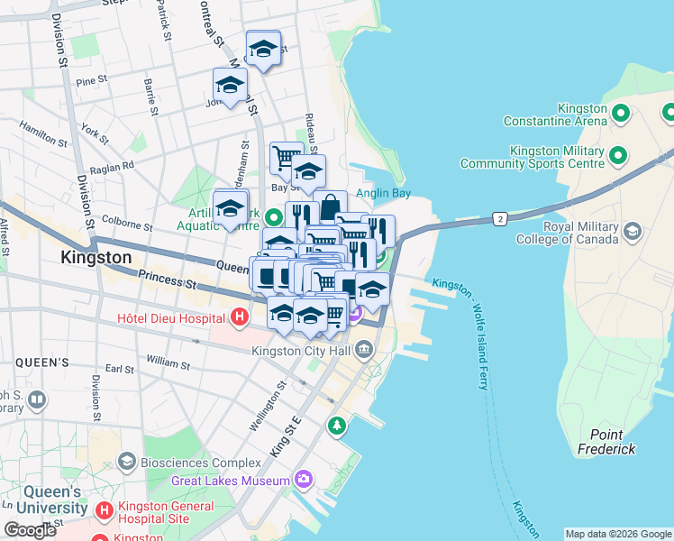 map of restaurants, bars, coffee shops, grocery stores, and more near 64 Barrack Street in Kingston