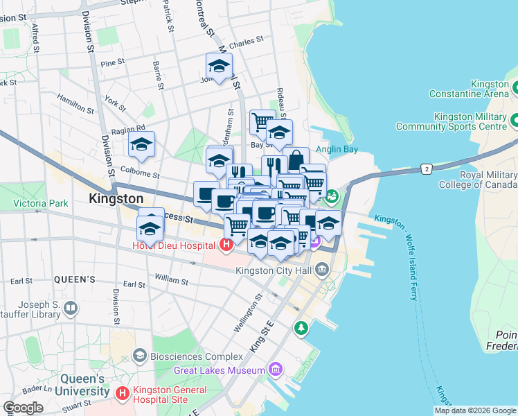 map of restaurants, bars, coffee shops, grocery stores, and more near 121 Queen Street in Kingston