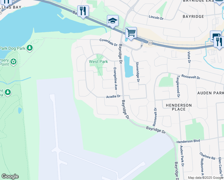 map of restaurants, bars, coffee shops, grocery stores, and more near 1289 Fisher Crescent in Kingston
