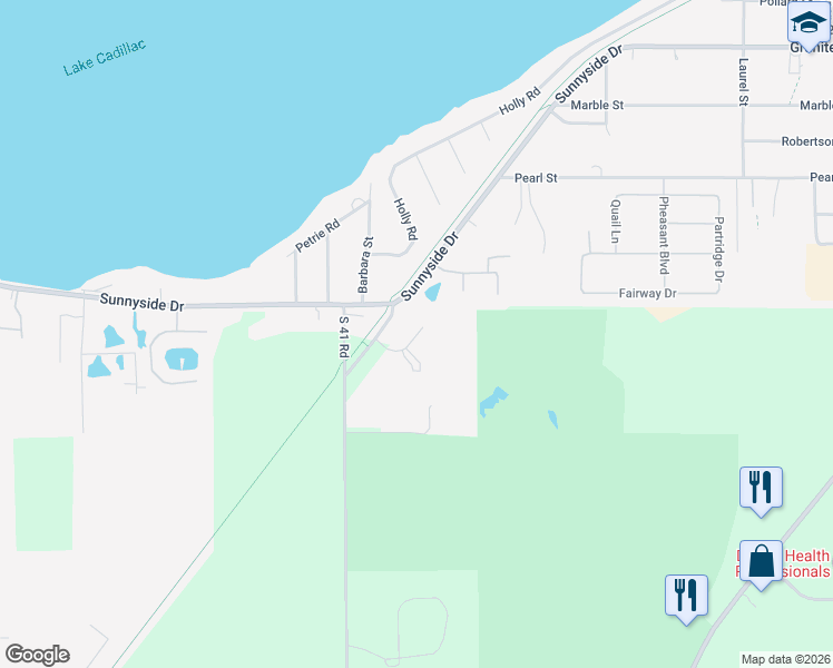 map of restaurants, bars, coffee shops, grocery stores, and more near 402 Matthew Drive in Cadillac