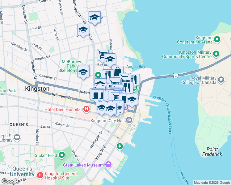 map of restaurants, bars, coffee shops, grocery stores, and more near 240 Wellington Street in Kingston