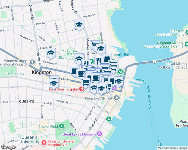 map of restaurants, bars, coffee shops, grocery stores, and more near 326 Bagot Street in Kingston