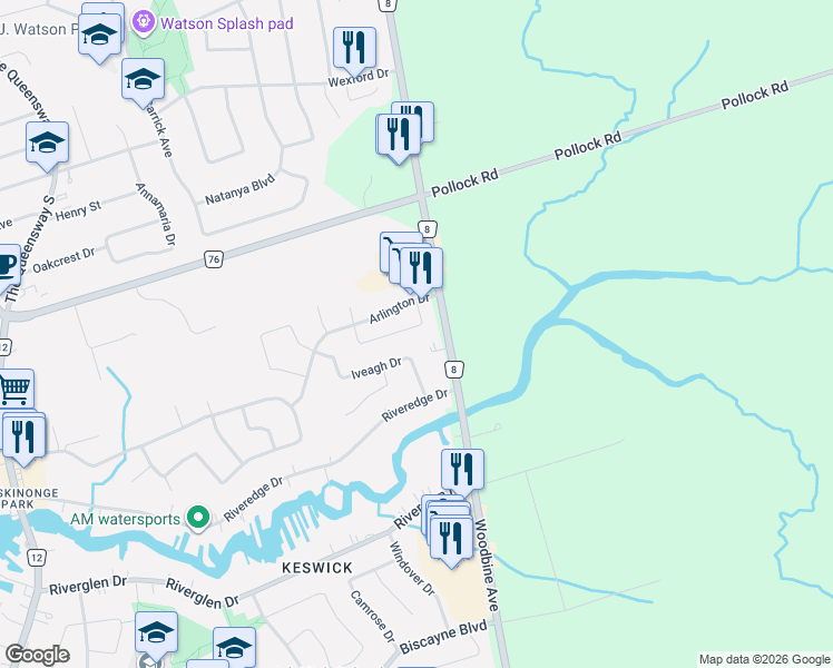 map of restaurants, bars, coffee shops, grocery stores, and more near 45 Laurelbank Crescent in Georgina