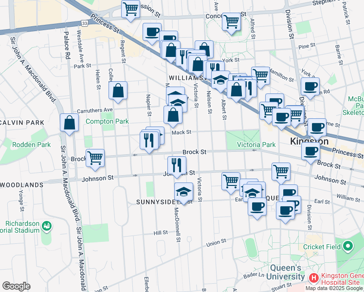 map of restaurants, bars, coffee shops, grocery stores, and more near 126 Toronto Street in Kingston