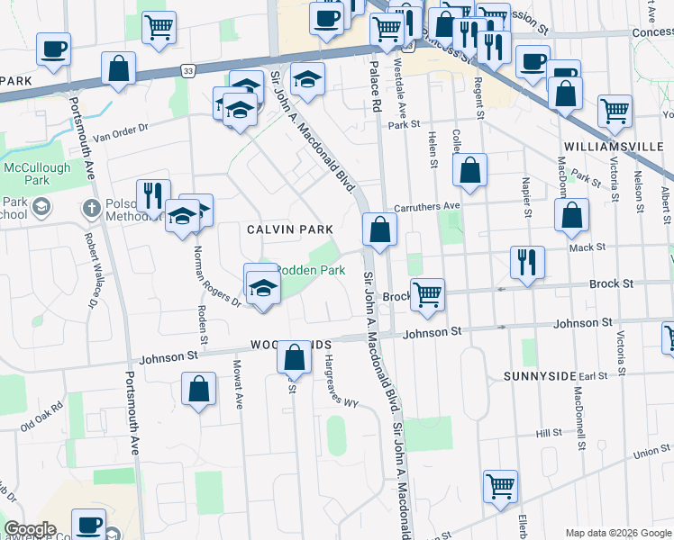 map of restaurants, bars, coffee shops, grocery stores, and more near 20 Cliff Crescent in Kingston