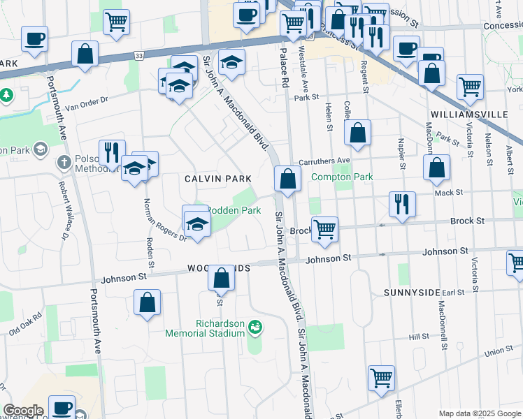 map of restaurants, bars, coffee shops, grocery stores, and more near 28 Cliff Crescent in Kingston