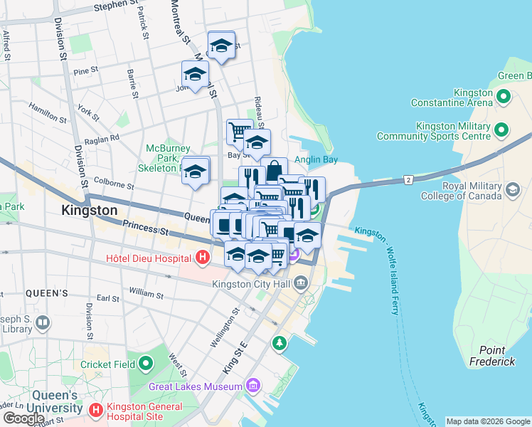 map of restaurants, bars, coffee shops, grocery stores, and more near 90 Barrack Street in Kingston