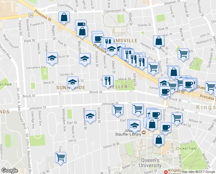 map of restaurants, bars, coffee shops, grocery stores, and more near 69 Nelson Street in Kingston