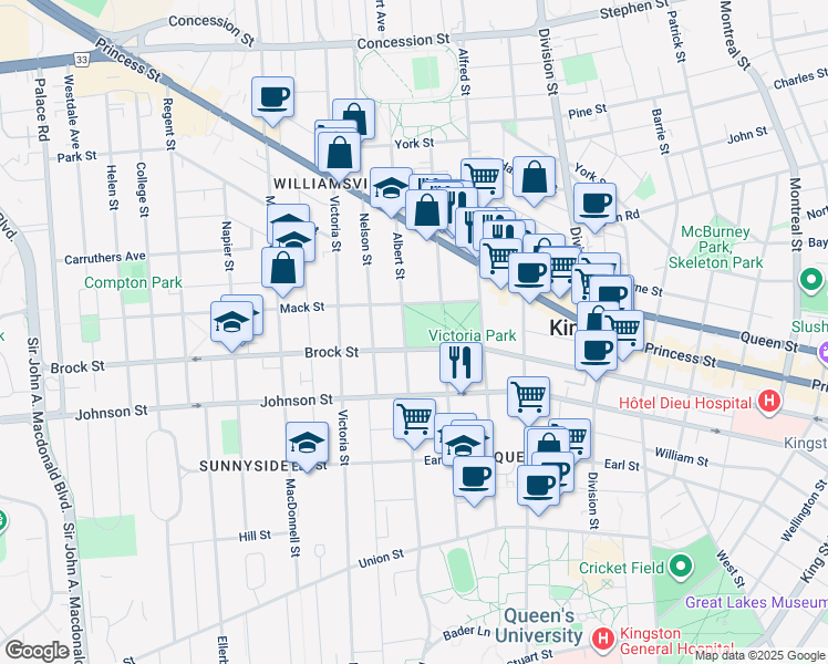 map of restaurants, bars, coffee shops, grocery stores, and more near 386 Albert Street in Kingston