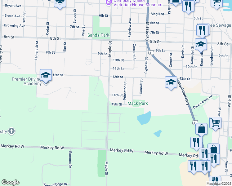 map of restaurants, bars, coffee shops, grocery stores, and more near 948 14th Street in Manistee